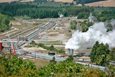 Geothermal plants do make steam, but not smoke. Wairakei Power Station in New Zealand. Photo by QFSE Media. Wikimedia Commons.