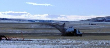 Fracking waste being spread on Albertan fields; natural gas facility fracking at Rosebud, Alberta  