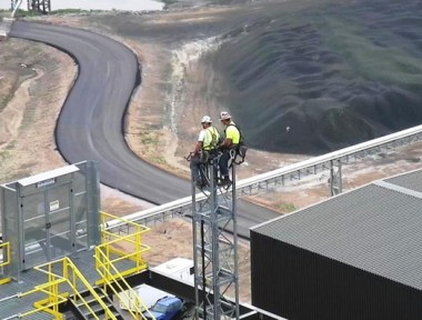 Workers at the Big Stone power plant near Milbank, SD, as the pollution-control project at the coal-fired generator winds down. Photo from an on-site security camera. Courtesy of Otter Tail Power Co. 