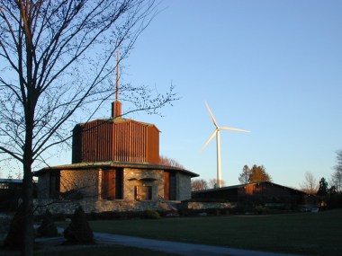 Portsmouth Abbey School wind turbine, in Rhode Island. US DOE photo. Public domain.