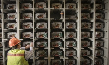 Reused Toyota Camry Hybrid battery packs store solar energy in a distributed energy system now online at the Lamar Buffalo Ranch field campus in the Yellowstone National Park. Photograph: Toyota