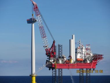 Construction of a wind turbine in the offshore wind park. Photo by Rscbelgium. CC BY-SA 3.0. Wikimedia Commons.