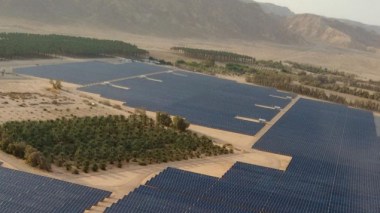 An aerial view of the 40 megawatt solar field recently built at Kibbutz Ketura, which provides the one third of the daytime electricity for the city of Eilat. (courtesy Gigawatt Global)