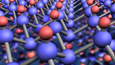 Molecular structure of a graphene crystal. Hydrogen atoms are red, and carbon atoms are blue.