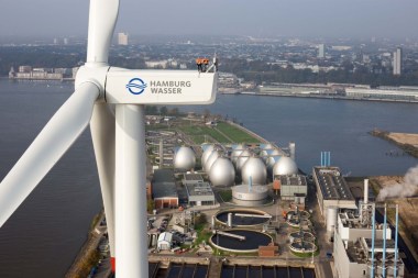 The 3 MW turbine at Hamburg Wasser, with plant in the background – Hamburg Wasser; Looking down at a PV Solar solar installation – Roy L Hales photo 