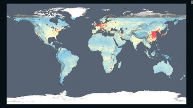 This map shows the average concentration of nitrogen dioxide in the lowest parts of the atmosphere in 2014. NASA image.