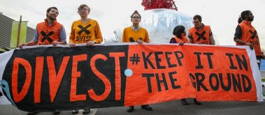 Protestors campaigning against the further use of fossil fuels hold a demonstration at COP21. Image: IISD Reporting Services