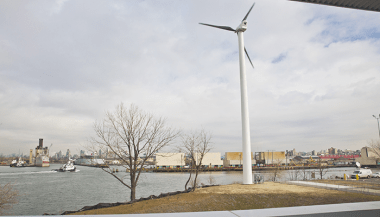 New York City's first commercial-scale wind turbine at the Sims Material Recovery Facility. (AP Photo/Bebeto Matthews)