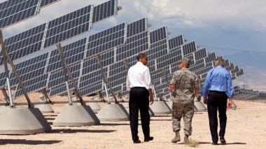 President Barack Obama and Senator Harry Reid of Nevada (right) at Nellis Air Force Base. Photo by Pete Souza. Public domain. Wikimedia Commons. 
