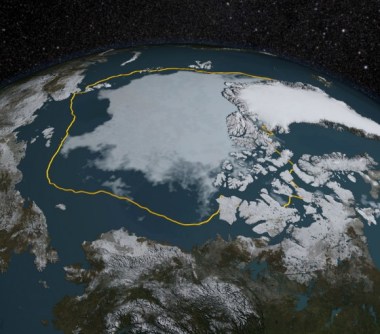 September Arctic sea extent compared to 1981-2000 average portrayed by yellow line (NASA)