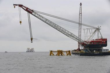 First foundation jacket installed at Deepwater Wind, near Block Island. (AP photo / Stephan Sevoia)