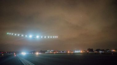 A pre-dawn take-off for Solar Impulse from Moffett Airfield. Solar Impulse photo.