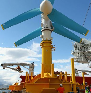 The AK-1000 tidal energy turbine is prepared to be loaded onto a barge