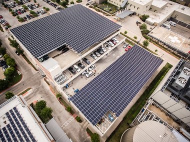 Aerial view of the solar rooftop at Strictly Pediatrics Surgical Center.