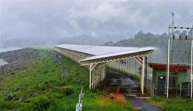Solar panels erected atop the Banasura Sagar Dam at Padinharethara in Wayanad district.