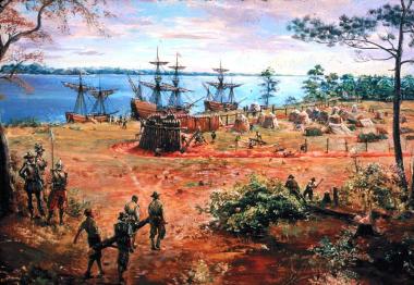 The construction of James Fort  (Artist: Sidney E. King, Permission by National Park Service)
