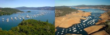 Lake Oroville in July 2011 (left) and January 2014 (right) (Credit: California Department of Water Resources)
